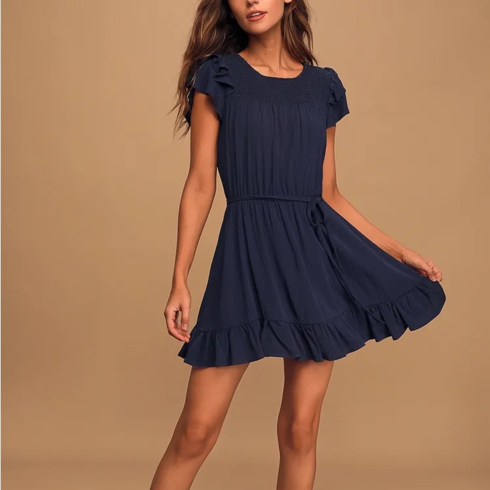 Lulus navy blue ruffle mini dress NWT
